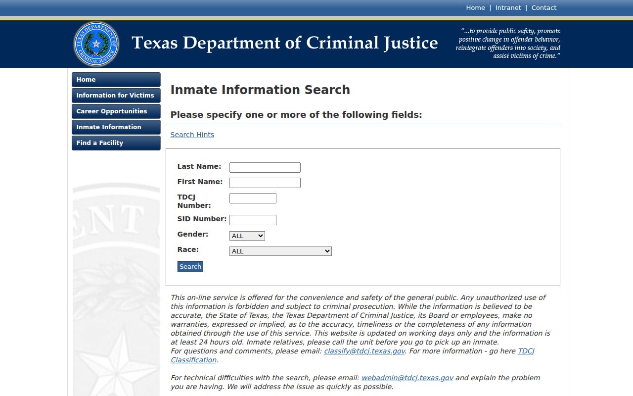 TDCJ inmate search for a Colorado County person transferred to state prison