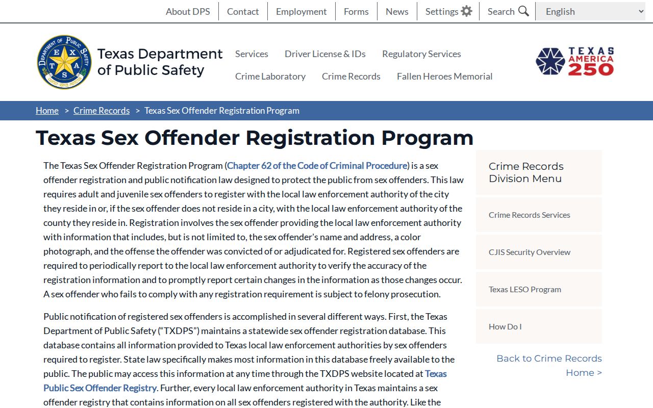 Colorado County sex offender records and Texas registration program overview